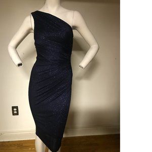 Le Chateau Navy Blue stretchy shiny sparkle metallic one shoulder dress NWT